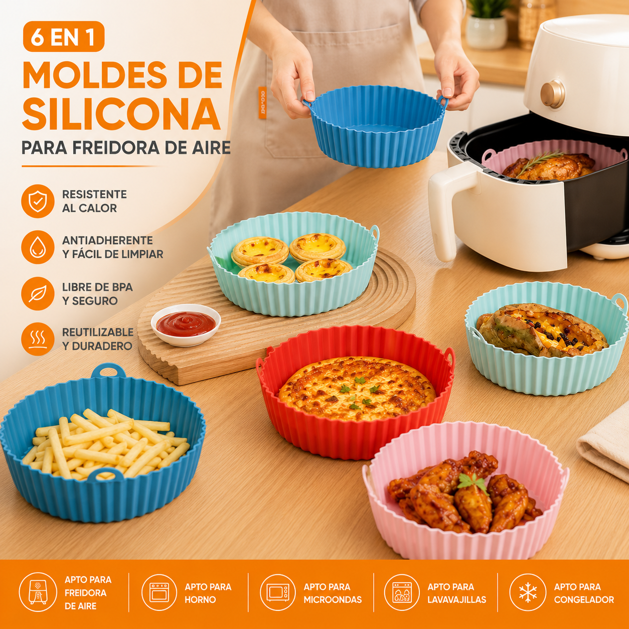 PROMO 6x1 Moldes Antiadherentes de Silicona para Freidora de Aire